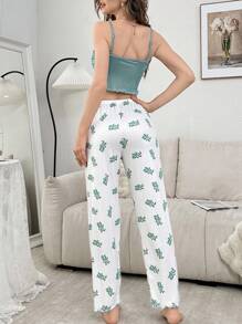 SHEIN Women Solid Color Camisole & Printed Pants Pajama Set - Blue - View 2