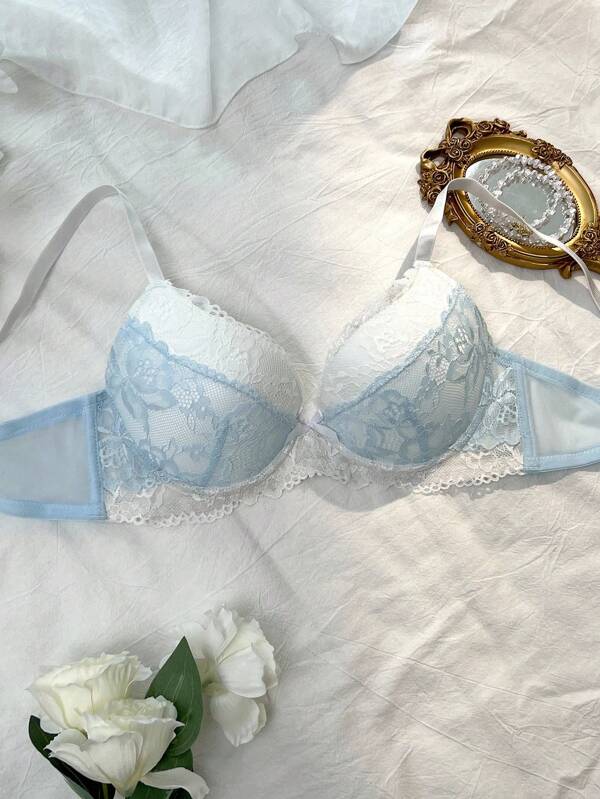 DelicateAllure Contrast Color Lace Patchwork Underwire Padded Butterfly Decor Women's Bra Lace Bra Light Blue Bra Lace Push Up Bra Bras For Women
