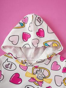 Nick 90s | SHEIN 少女可爱卡通心形印花白色长袖连帽卫衣和修身粉色针织裤两件套 - 彩色 - 查看 9