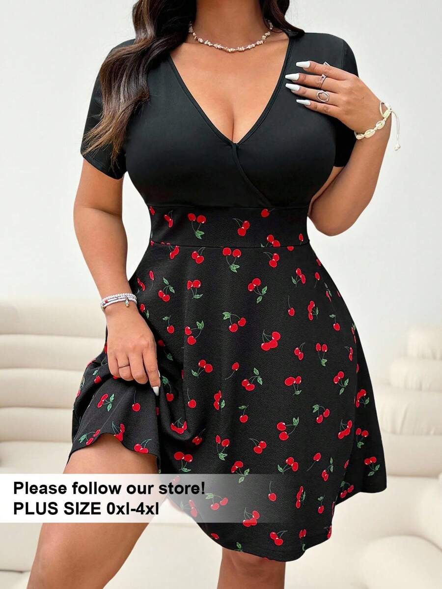 Solflare Plus Size Women Cherry Print V-Neck Short Sleeve Casual Dress, Suitable For Daily Wear, Spring/Summer