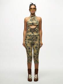 SUMWON WOMEN Camouflage Print High Neck Tank Top With Slash Details Unique Cutout Design Ruched Halter Style Sleeveless Blouse Fashion Statement Piece For Festival Season - Army Green - View 7