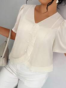 SHEIN Clasi Plus Size Summer Elegant Ruffle Puff Sleeve Blouse - Apricot - View 4