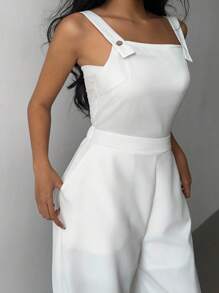 INAWLY Plus Size Women Loose Solid Color Casual Wide Leg Jumpsuit With Pockets - White - View 3