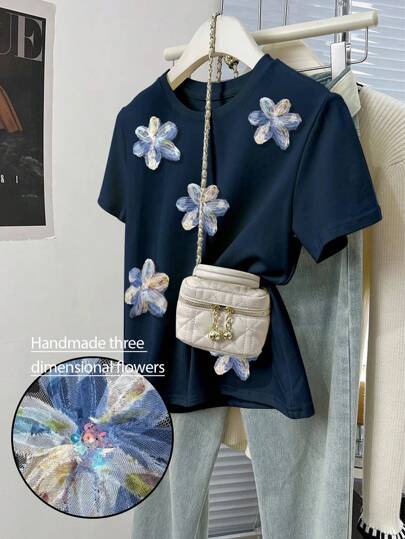 SHEIN Handmade Flower Network Mesh 3D Three-Dimensional Flower Ornament Blue Women's T-Shirt