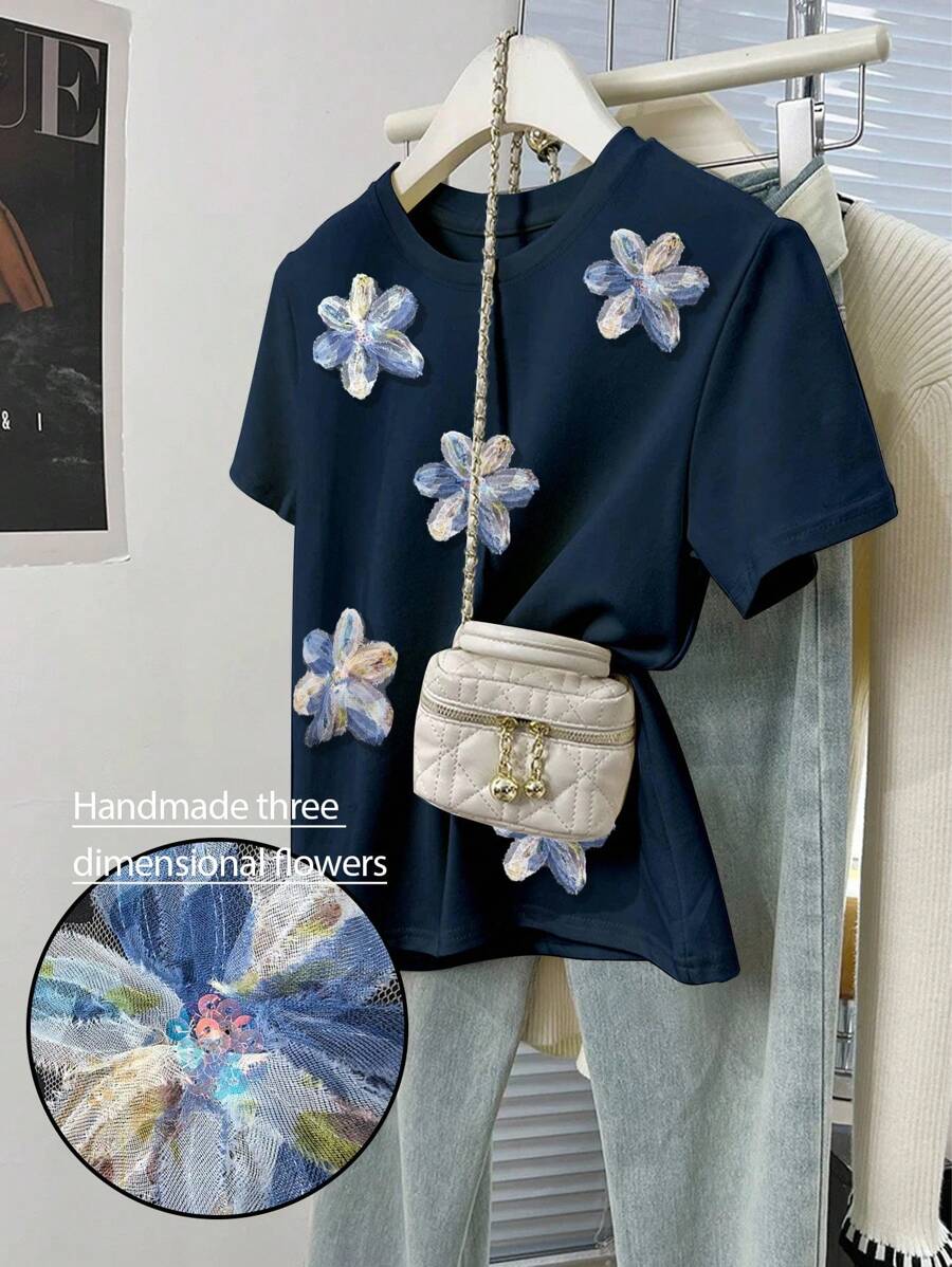 SHEIN Handmade Flower Network Mesh 3D Three-Dimensional Flower Ornament Blue Women's T-Shirt - Royal Blue - View 1