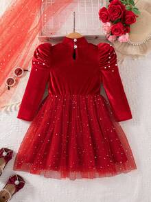 Glamorique Kids 1 szt. Sukienka dla młodej dziewczyny na jesień/zimę, nowy wysoki kołnierz, bufiaste rękawy, koralikowy wzór, wiązanie w talii, kokarda, koralikowe gwiazdki i księżyce, siateczkowy dół, elegancka tkanina, impreza, urodziny, dojazd do pracy, tiul, sukienka księżniczki