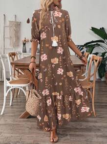 V-Neck Printed Ruffle Hem Casual Vacation Dress With Drawstring - Multicolor - View 3