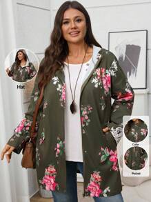 EMERY ROSE Plus Size Women Dark Green Floral Print Long Sleeve Hooded Trench Coat,Autumn Casual Hiking Loose Bohemian Winter Clothes Outwear With Pockets - Multicolor - View 1