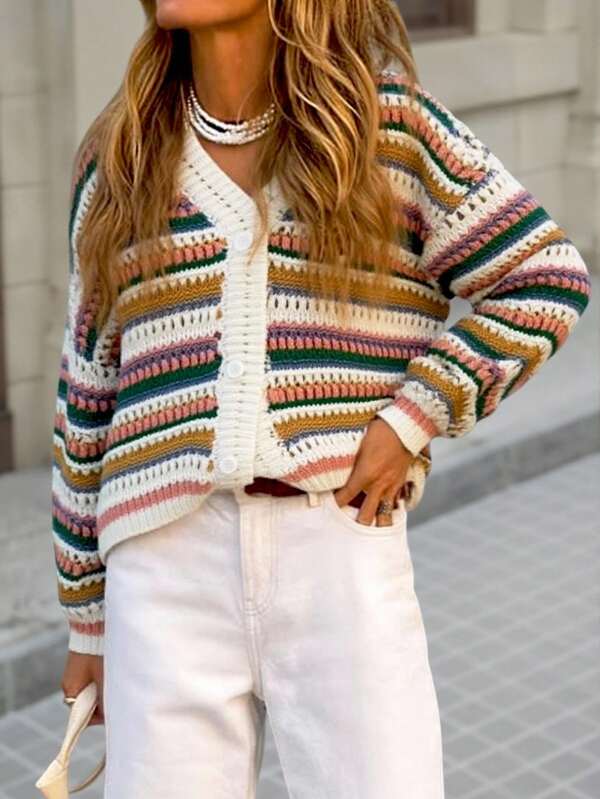 Brillora Women's Striped Pattern Button Casual Vacation Long Sleeve Sweater, Crochet Cardigan, Knitted Cardigan, Boho Cardigan, Striped Cardigan, Womens Summer Cardigan, Cardigan Sweater, Knit Cardigan,Old Money Style Women, Womens Cardigan