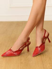 CUCCOO HITCHD 女士刺绣蕾丝雪花尖头细高跟中跟鞋，优雅浪漫红色网纱高跟鞋，礼服鞋，新娘婚礼宾客派对正式鞋，时尚节日场合鞋履 - 紅色 - 查看 3