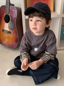 Hapijoa 幼儿男童宽松休闲条纹拼接袖二合一字母印花T恤，秋季款 - 灰色 - 查看 6