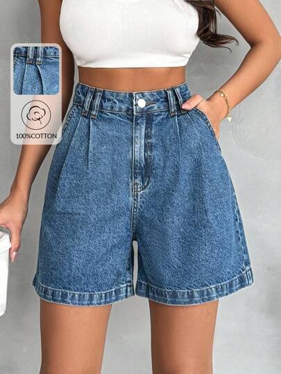 EURMUSE 100%Cotton High Waist Pens Detail Vintage Wash