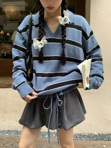 DAZY Women's Collared Korean Style Striped Casual Solid Color Back To School Long Sleeve Sweater Fall - Blue - View 1