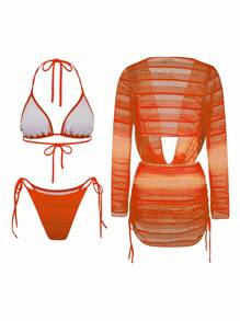 Swim SXY 4 件套女士新款细肩带露背上衣、侧系带衬衫、侧系带泳裤和性感比基尼套装 - 橘色 - 查看 5