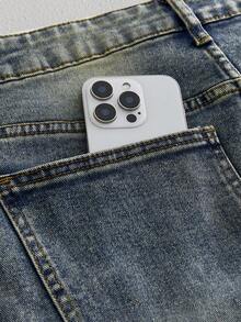 Manfinity VCAY Jeans casuales de cintura media para hombres, ajuste slim, jeans desgastados con salpicaduras de pintura, jeans desgastados, jeans con goteo, jeans rotos, jeans con salpicaduras de tinta, jeans con salpicaduras, jeans con pintura - Azul - Ver 5