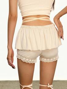 Rina Fox Quần legging thời trang viền xếp nếp phối ren cho nữ - Màu be - Xem 3