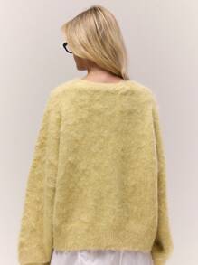 MUSERA 毛绒针织宽松V领纽扣开衫，秋季复古乡村风，返校季休闲女装，奶油黄/焦糖色，冬日时尚春季毛衣 - 黃色 - 查看 3