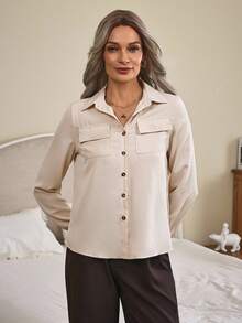 EMERY ROSE Solid Collared Button Up Flap Pocket Shirt,Long Sleeve Tops - Beige - View 3
