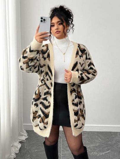 Elenzga 秋冬奢华优雅宽松长袖中长款豹纹开衫，大码女款，适合外出、度假、派对