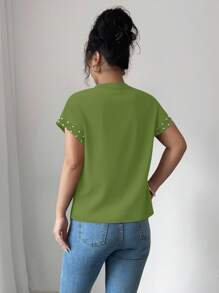 Elenzga Women's Black Round Neck Short Sleeve T-Shirt With Bubble Pearls - Green - View 2