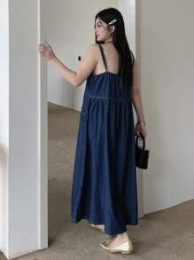 Dazy Plus Dark Wash Blue A-Line Denim Pinafore Dress, All Season - Dark Wash - View 2