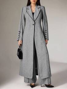 Heiryn 女士撞色滚边前扣休闲阿拉伯长袖罩袍套装，含裤子，优雅开襟罩袍裤装，适合日常休闲/工作场合 - 灰色 - 查看 3