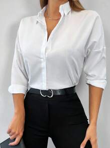 Cottnline 女士休闲纯棉落肩衬衫 - 白色 - 查看 5