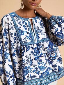Travachic 女士印花系领宽松度假衬衫，长袖蓝白印花上衣，蓝白印花女式夏季衬衫，波西米亚风衬衫，田园风衬衫，休闲女装，秋季女装，时尚秋季，外出，乡村风格女装 - 藍白色 - 查看 7