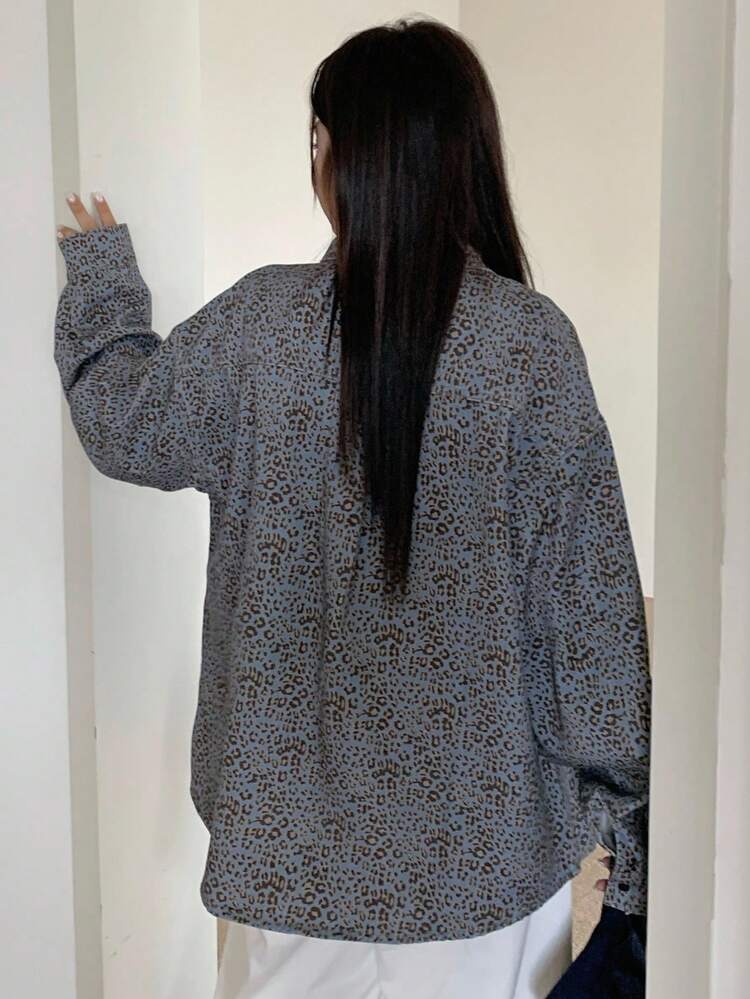 Dazy Plus Leopard Print Lapel Pocket Loose Denim Jacket, Long Sleeve, Plus Size, Autumn