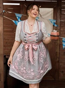 SHEIN Frenchy Plus Size Women Tie-Up Design Applique Mesh Hem Sleeveless Elegant Dirndl, German, Oktoberfest, Traditional Dress,Fall Clothes For Women - Multicolor - View 3