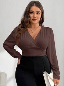 SHEIN Essnce Plus Size Women's Bodysuit,Brown,Autumn,Elegant,Night Out Club,Cute White Top,Valentine Day Outfits,Spring Vacation Clothes,Casual Tops - Brown - View 4