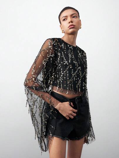 Maija Camiseta De Malla Con Lentejuelas Y Mangas Acampanadas Para Mujer, Perfecto Para Fiestas