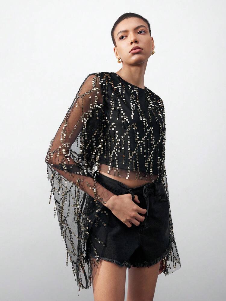 SHEIN Maija Top en maille pailletée et sequinée avec manches évasées, parfait pour le jour de la Saint-Patrick, les fêtes de Pâques, les vacances d'été à la plage ou la remise des diplômes