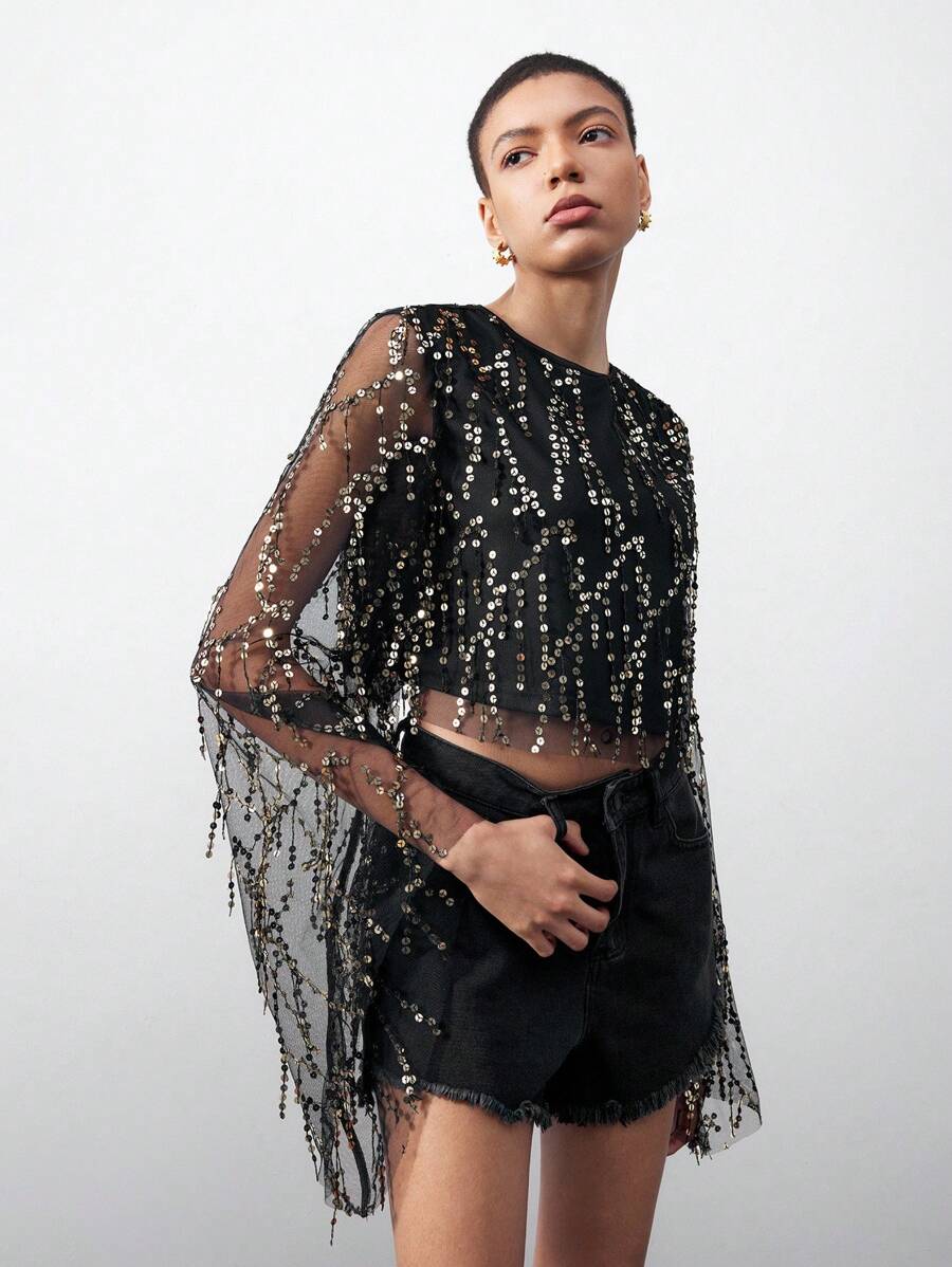 Maija Women's Sparkle Sequined Mesh Top With Flare Sleeves, Perfect For Parties,Autumn Outfits For Women, Christmas Women's Clothing