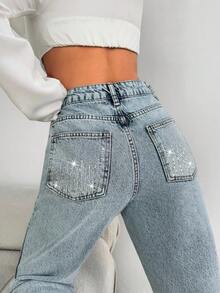 EURMUSE Quần jean Mom Fit cạp cao đính đá sáng màu chi tiết - Rửa nhẹ - Xem 6