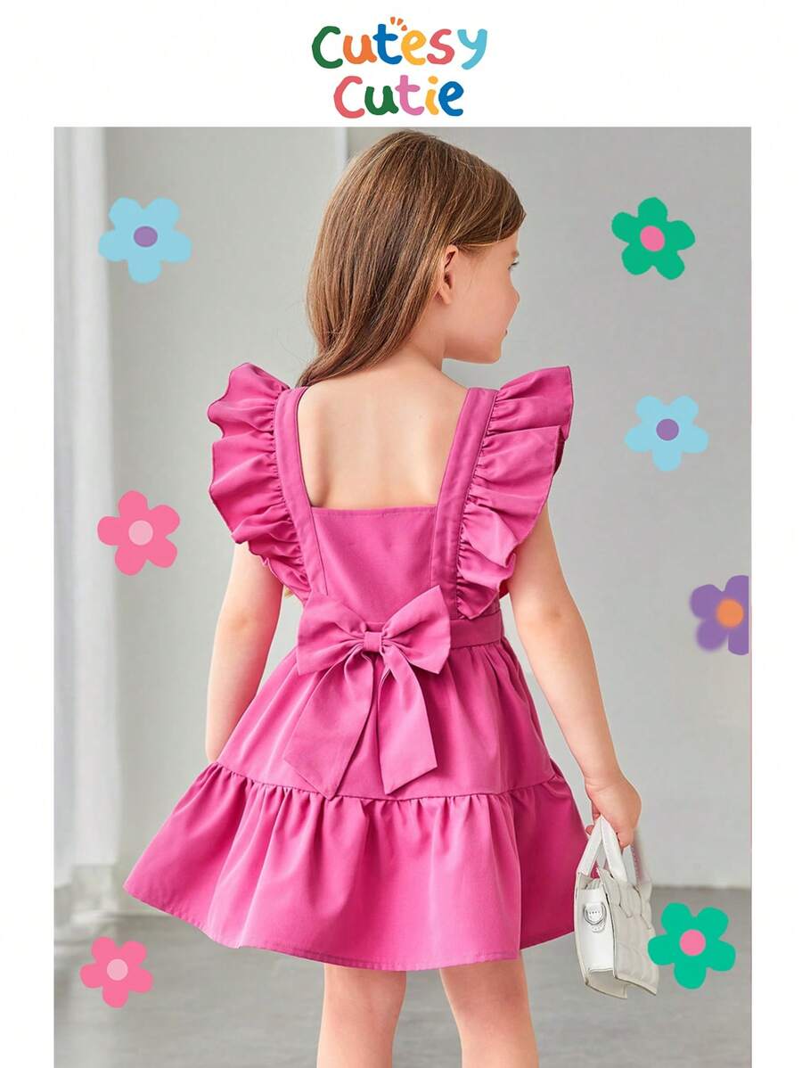 SHEIN Young Girl Bow Back Ruffle Trim Dress - Pink - View 1