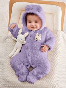 SHEIN Baju Terusan Bayi Perempuan Baru Lahir Berkerudung dan Berkaki Bahan Fleece untuk Musim Gugur dan Musim Dingin - Mauve Purple - View 3