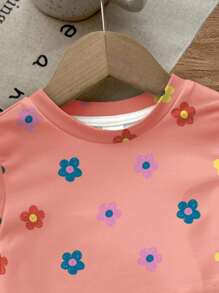 SHEIN Happikins Baby Girl Casual Minimalist Snug Fit Short Sleeve Top And Long Pants Loungewear Set, Suitable For Summer - Multicolor - View 4