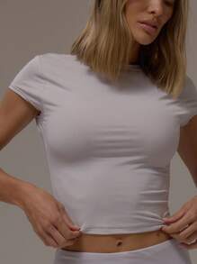 MUSERA 修身短袖无缝T恤，深V露背吊带上衣，休闲、机场、居家服，秋季圣诞节，优雅节日，假日必备 - 淺灰色 - 查看 2