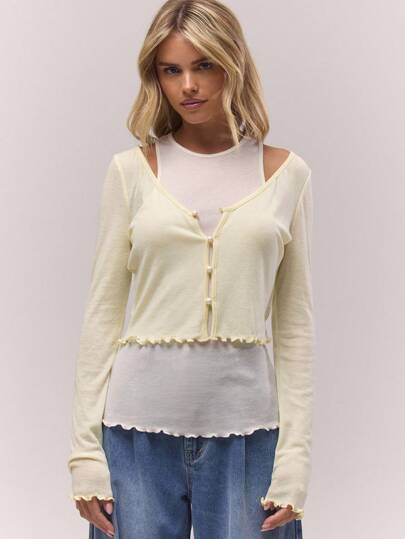 MUSERA Double Layer Racer Tank Long Sleeve Pearl Button Lettuce Hem Top Fall Autumn Old Money Cute Country Cottage Core Back To School Casual Sets For Women Butterscotch Winter Evening Spring