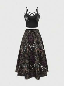 ROMWE Summer Outfits 2pcs Women's Vacation Gothic Sun & Moon Embroidery Camisole + Allover Print Skirt Set - Purple - View 1