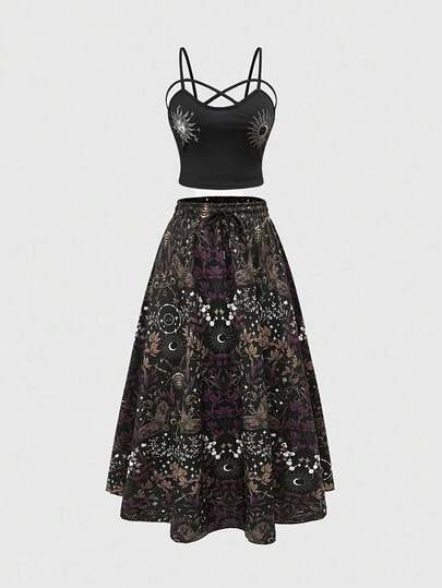 ROMWE Summer Outfits 2pcs Women's Vacation Gothic Sun & Moon Embroidery Camisole + Allover Print Skirt Set