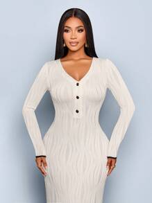 SOLERSUN 夏季休闲优雅简约开领V领撞色边修身长裙波浪针织面料连衣裙夏装女装日常外出通勤 - 杏色 - 查看 3