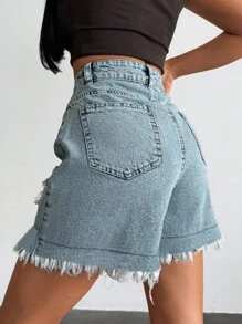 EURMUSE Woman High Waist Summer Frayed Short - Light Wash - View 2