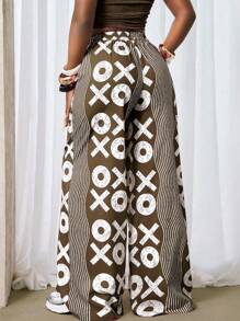 SHEIN BamGlam 女士系带腰条纹阔腿宽松休闲裤 - 棕色 - 查看 2