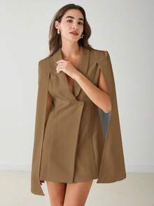 Enchnt Women's Fashionable Elegant Elegant Solid Color Shawl Neck Cape Sleeve Blazer Dress In Fall/Winter - Brown - View 6