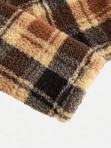 SHEIN Teen Girl Plaid Reversible Fleece Pocket Collar Short Jacket,In Fall/Winter - Brown - View 4