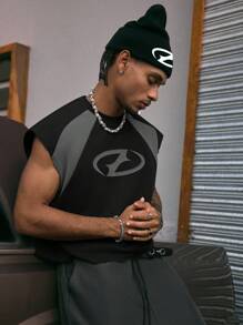 AXEPEAK Camiseta de tirantes suelta con cuello redondo y estampado, en surtido de tallas, para hombre, estilo urbano - Negro - Ver 1