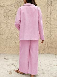 SHEIN 秋季服装，秋季服装，孕妇装秋季服装孕妇纽扣衬衫领上衣和可调节腰部阔腿裤宽松孕妇两件套孕妇装两件套纯棉两件套夏季裤子套装阔腿裤套装条纹孕妇裤套装女士夏季套装 - 粉色 - 查看 3