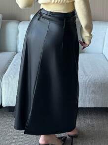 Dazy Plus PU Leather Waistband Design Fitted Long Straight Skirt, Plus Size For Autumn/Winter - Black - View 2